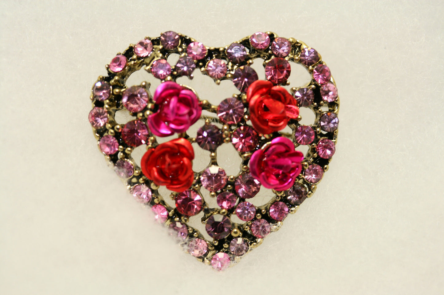 Rhinestone Valentine's Day Heart With Roses Pin Brooch, Valentine's Da Jewelry Gift For Her