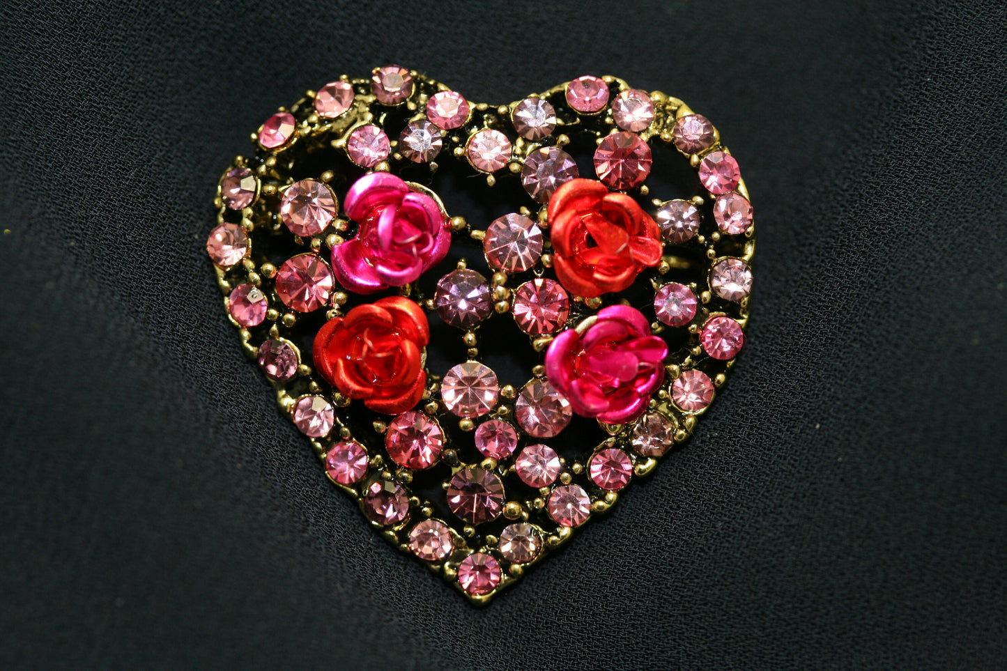 Rhinestone Valentine's Day Heart With Roses Pin Brooch, Valentine's Da Jewelry Gift For Her