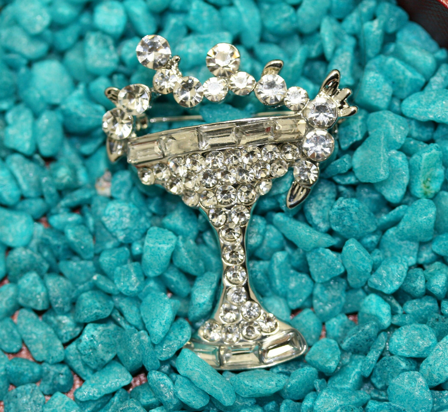 Silver-plated Rhinestone Pell Champagne Glass Brooch Pin