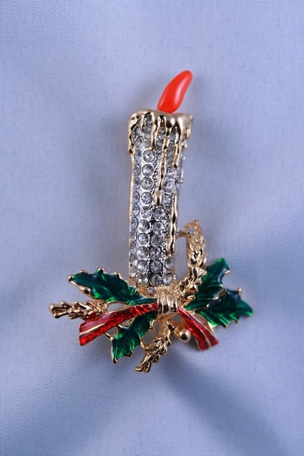 CHRISTMAS Candle holly brooch PIN estate rhinestones, Christmas brooch, Holiday pin, Christmas jewelry, Candle Brooch Pin