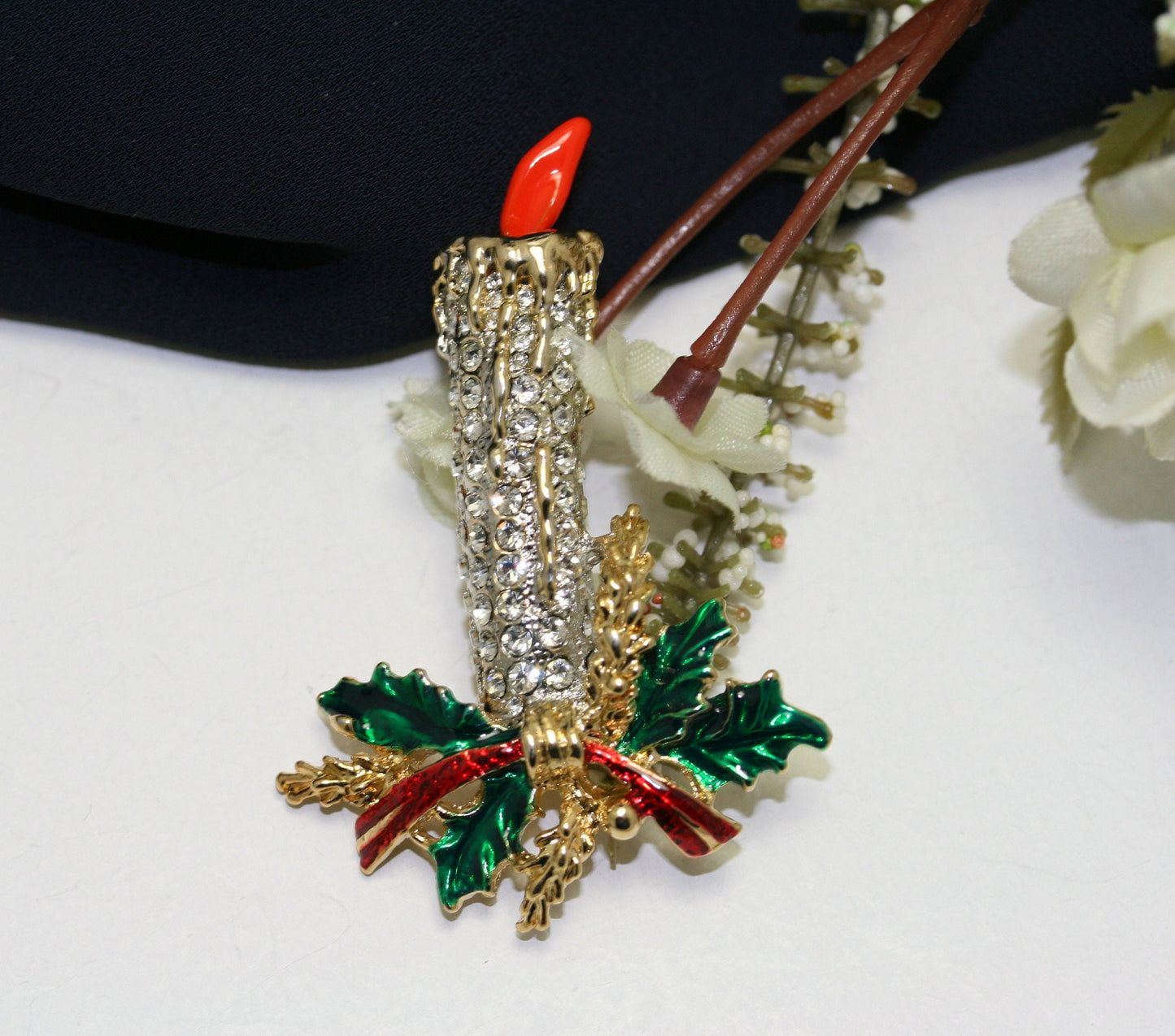 CHRISTMAS Candle holly brooch PIN estate rhinestones, Christmas brooch, Holiday pin, Christmas jewelry, Candle Brooch Pin