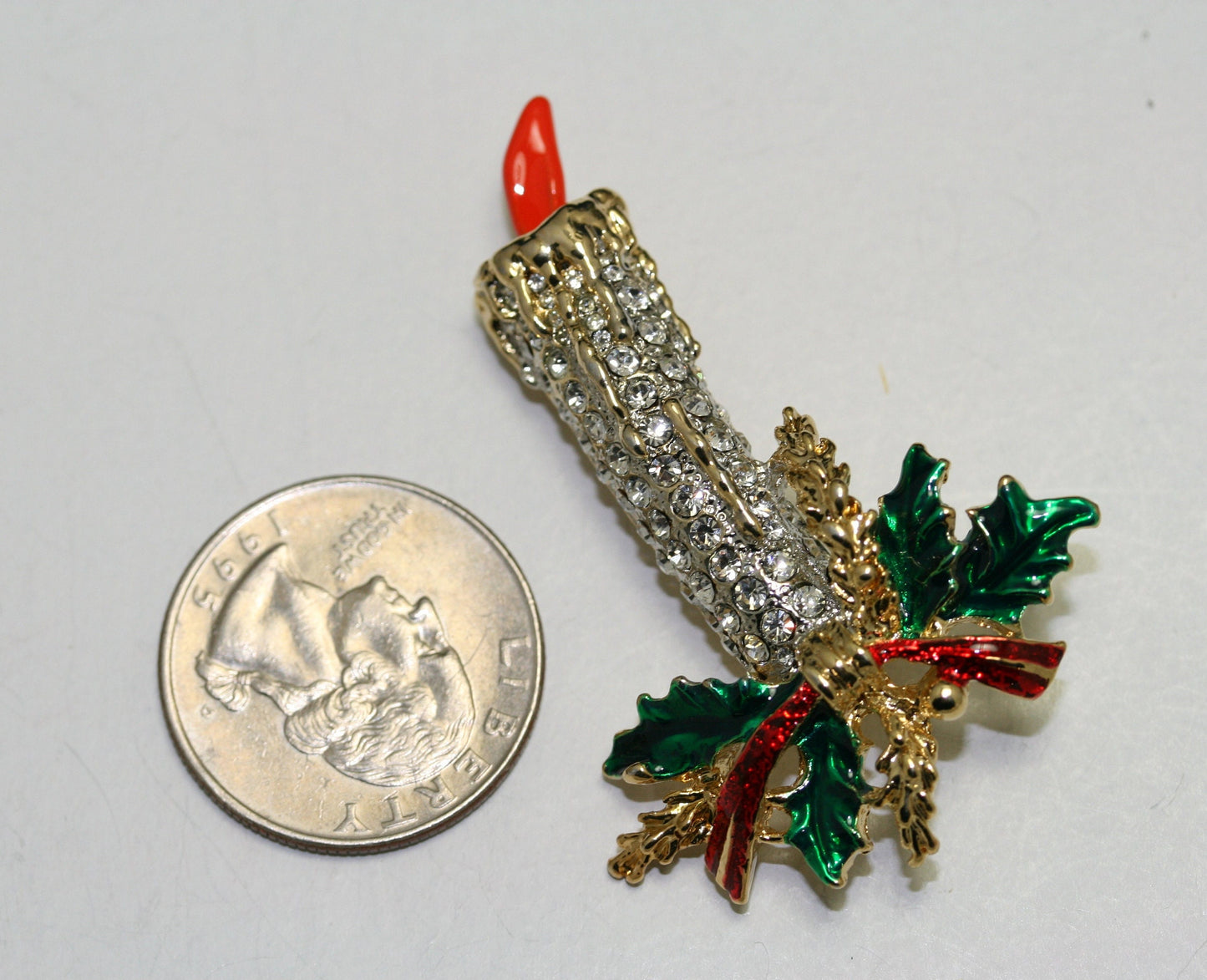CHRISTMAS Candle holly brooch PIN estate rhinestones, Christmas brooch, Holiday pin, Christmas jewelry, Candle Brooch Pin