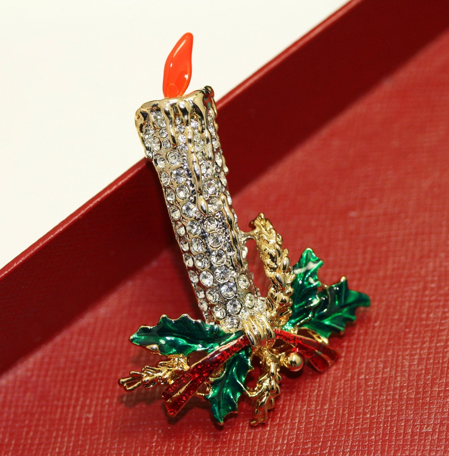 CHRISTMAS Candle holly brooch PIN estate rhinestones, Christmas brooch, Holiday pin, Christmas jewelry, Candle Brooch Pin