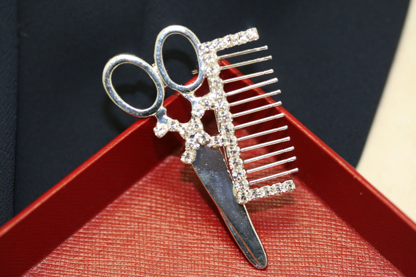 SCISSORS/COMB (Crystal/Silver) Rhinestone Brooch Pin, Hair Solon Accessories, Hairdresser Pin Stylist
