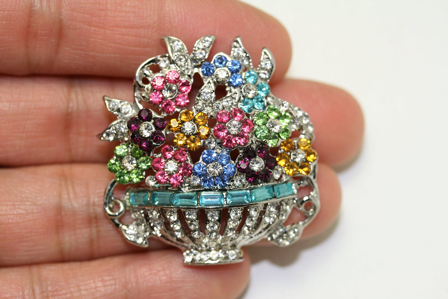 Pastel Rhinestone Mother's Day Easter Flower Bouquet Basket Vase Pin Brooch