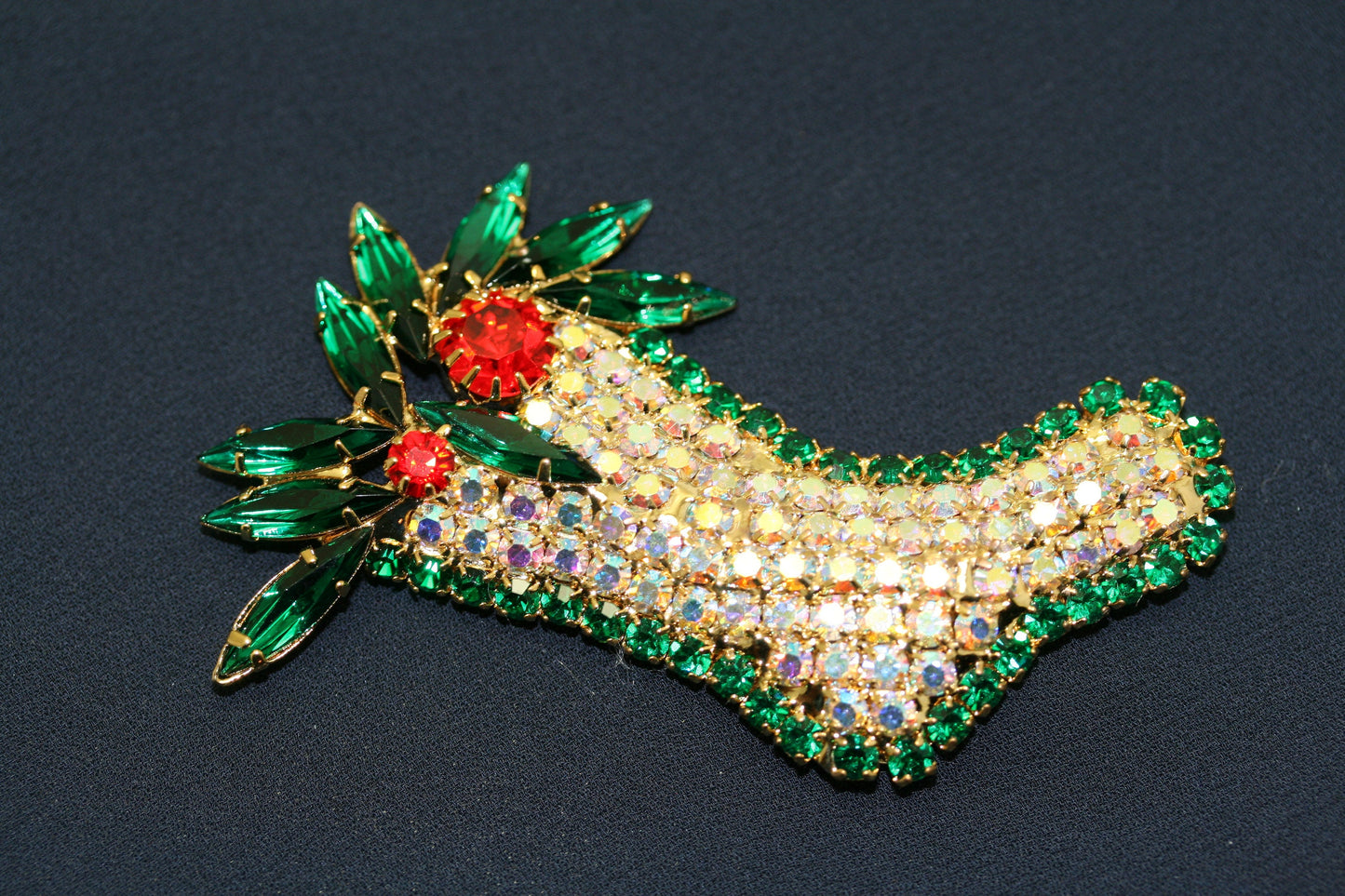 Christmas Sparkling Stocking Holly Figural Pin Brooch Quality Xmas Holiday Jewelry Gift