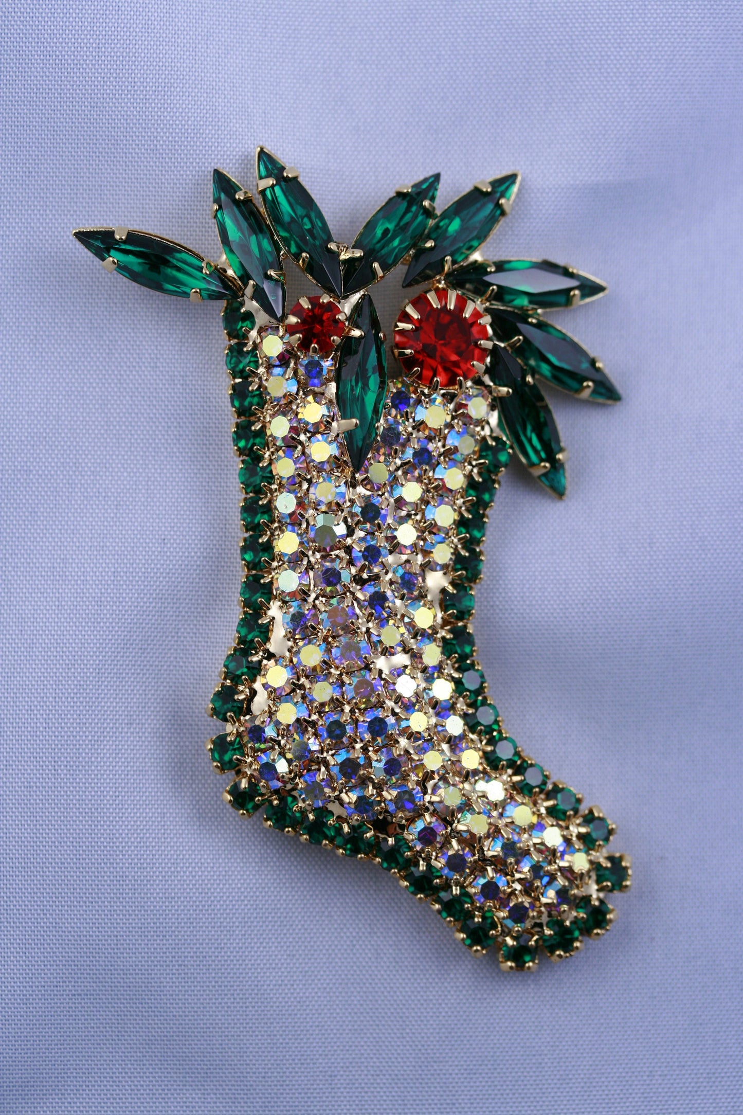 Christmas Sparkling Stocking Holly Figural Pin Brooch Quality Xmas Holiday Jewelry Gift