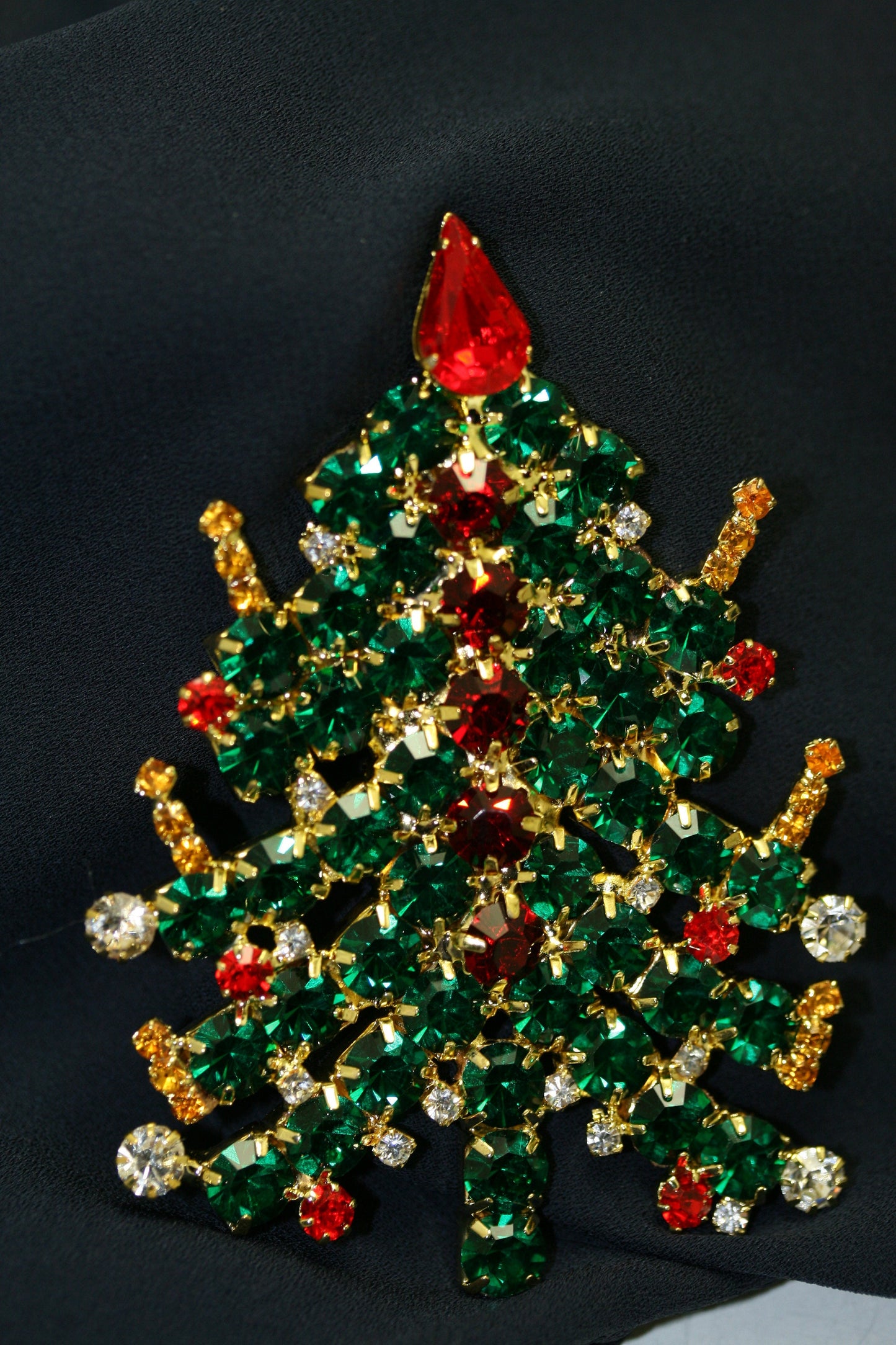 Christmas Tree Brooch Pin Rhinestones Candles Gold Tone Vintage Exquisite Unique, Xmas Holiday Jewelry Gift
