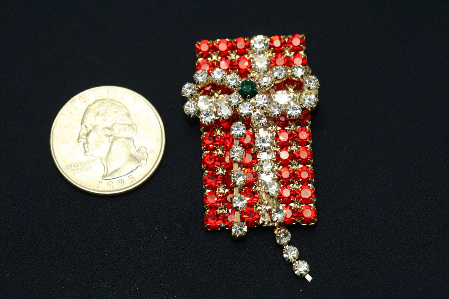 Rhinestone Christmas Present Box Brooch and Stud Dangling Present, Box Earrings Set, Fashion Costume Holiday Xmas Jewelry Gift