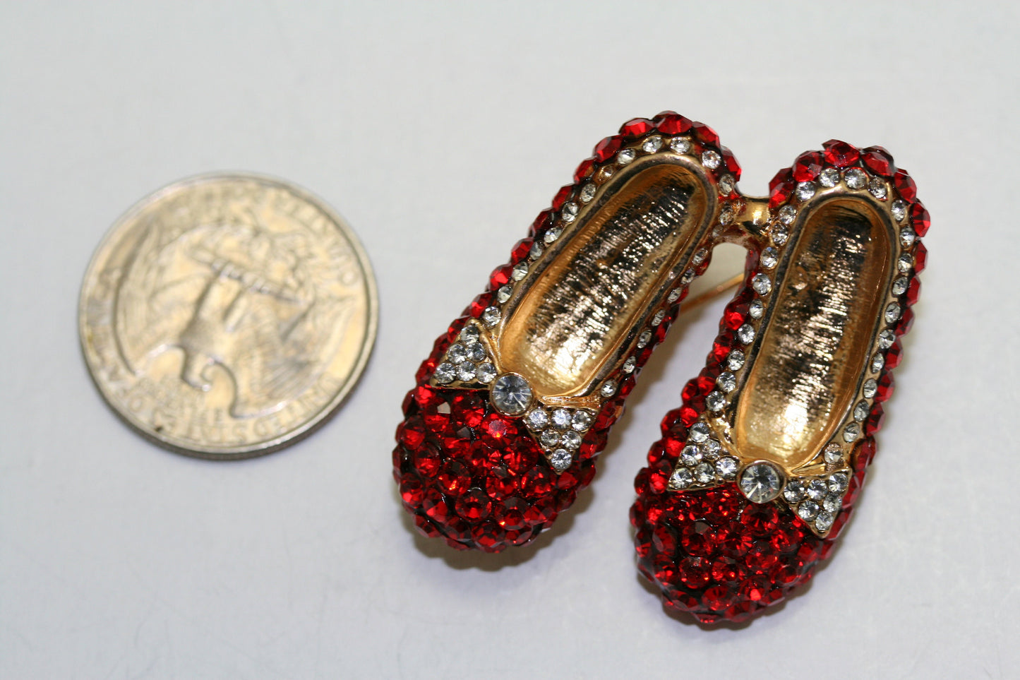 Ruby Rhinestone Slipper Brooch/Pin & Dangle Earrings Set, Red Ruby Rhinestone Gold Tone Slipper Jewelry Set
