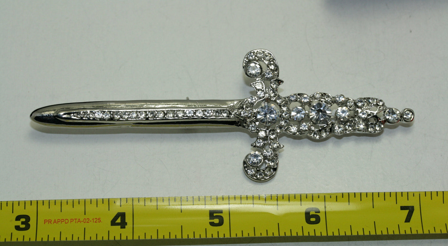 Rhinestone Jeweled Silver-plated Sword Pin Brooch Knight, Beautiful Vintage Crown Sword Jewelry Gift