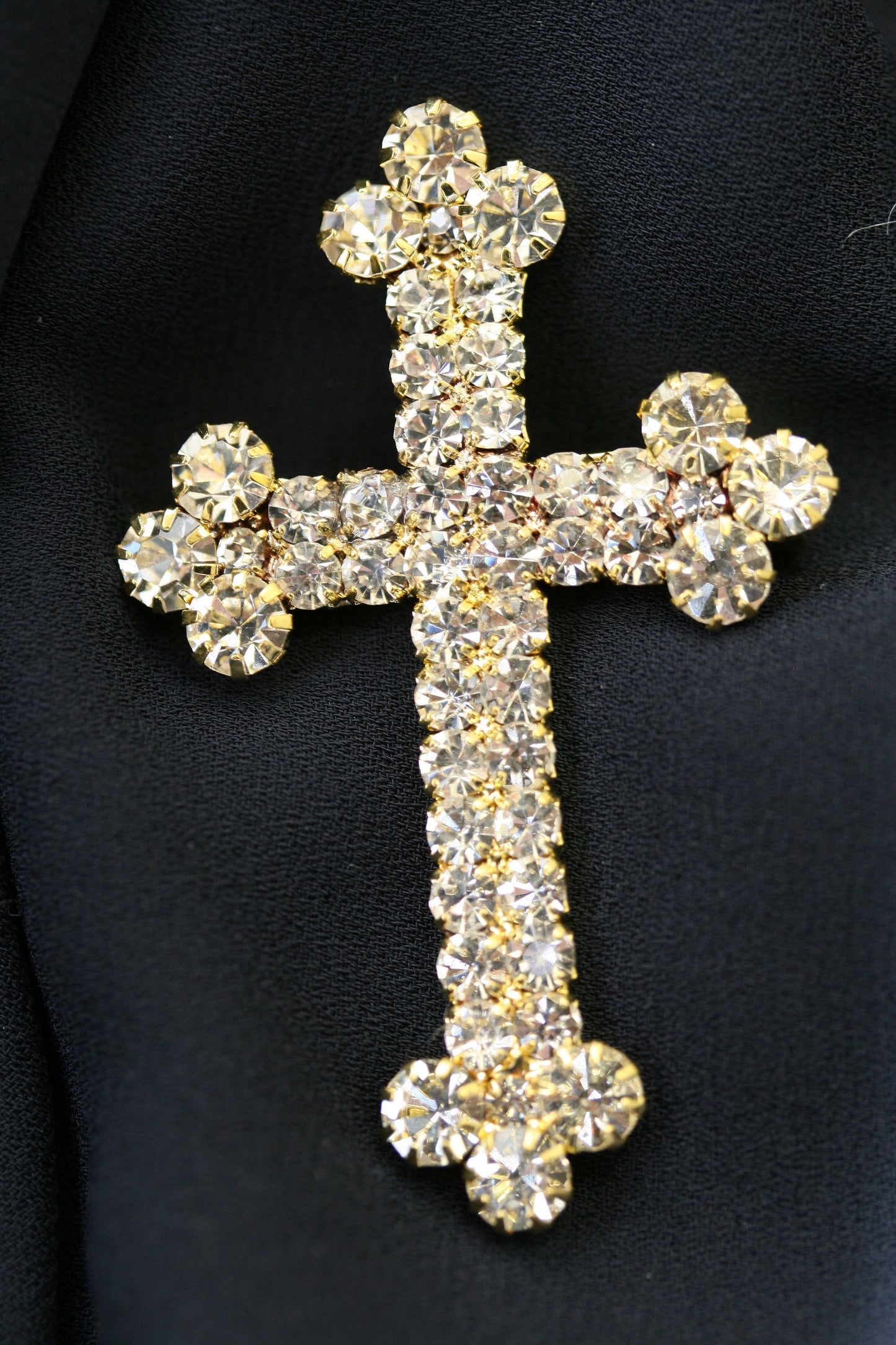 Stunning Silver and Gold Tone Crystal Rhinestone Christian Budded Cross Brooch Pin, Religious Cross Jewelry