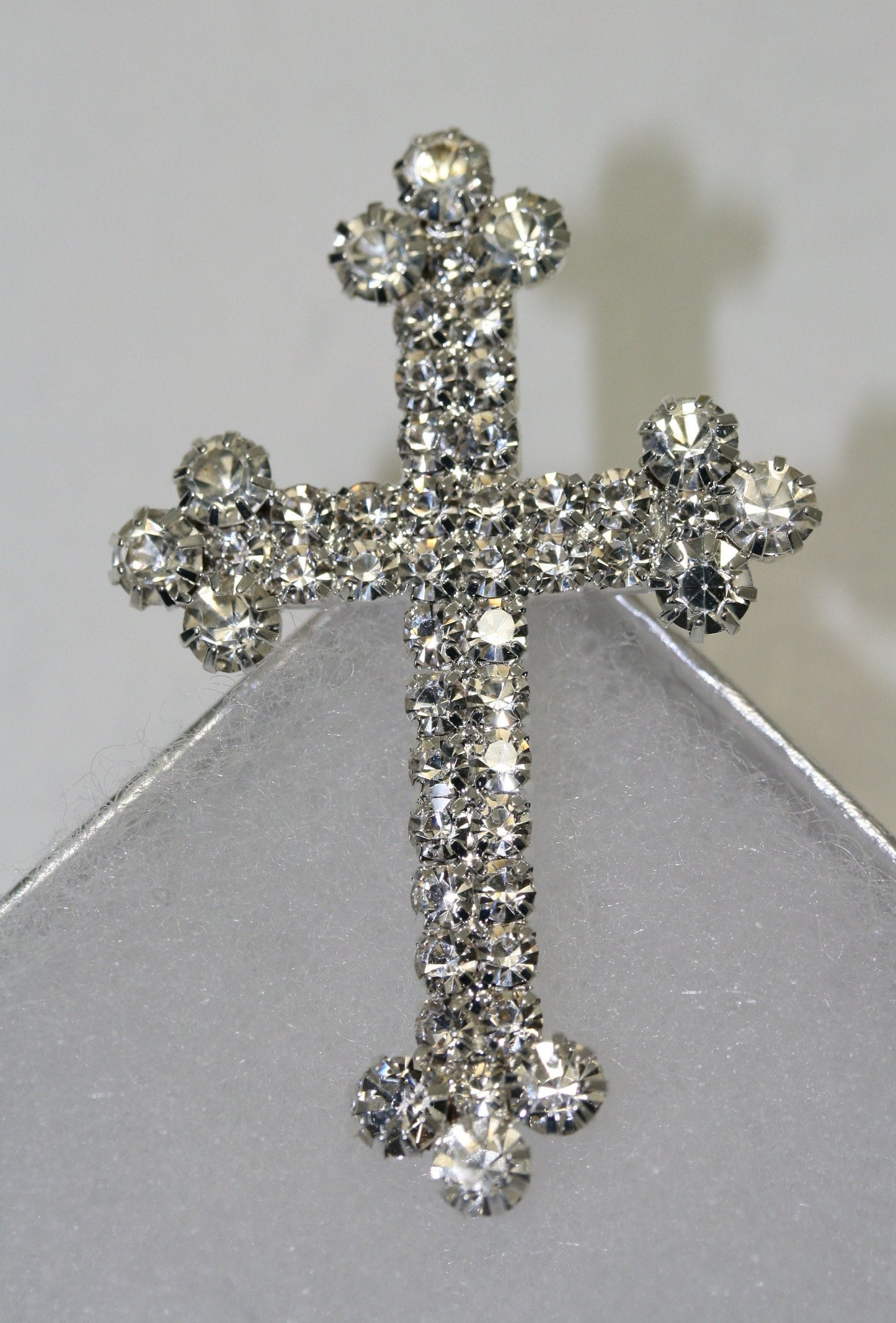 Stunning Silver and Gold Tone Crystal Rhinestone Christian Budded Cross Brooch Pin, Religious Cross Jewelry