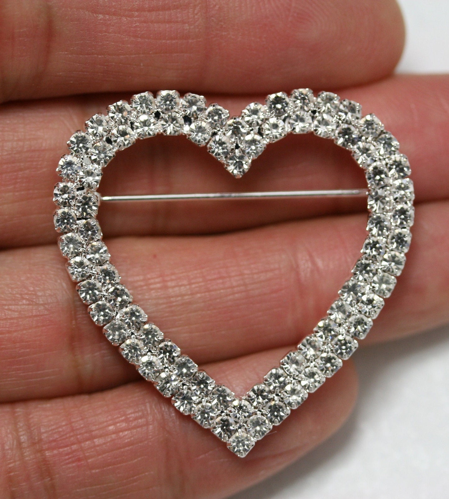 Clear Rhinestone Open Heart Brooch Pin Silver Tone Bling Shiny Sparkly, Valentine's day Heart Jewelry
