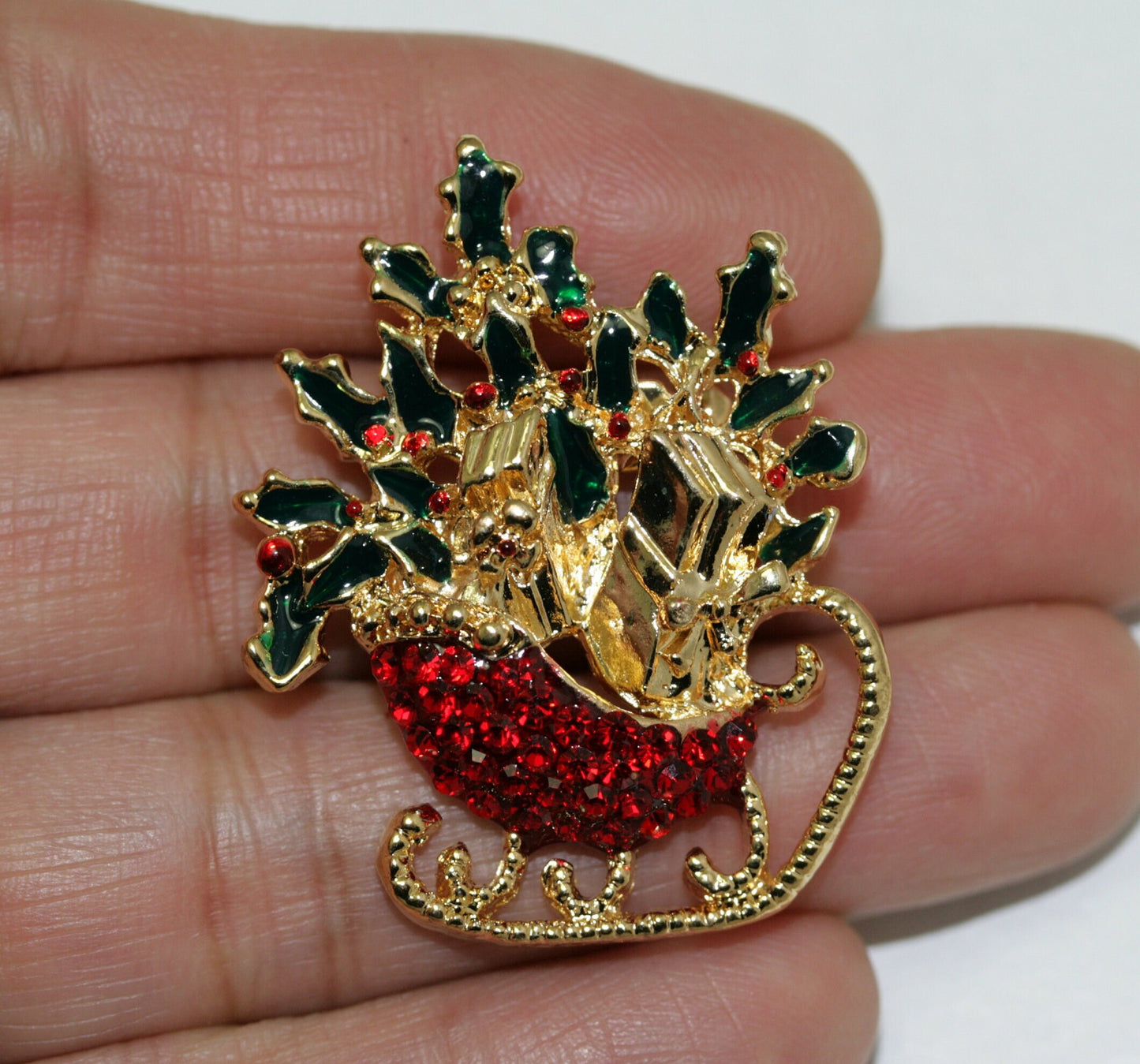 Christmas Xmas Rhinestone Enamel Santa Sleigh Ride Sled Gifts Brooch Pin, Holiday Jewelry Gift