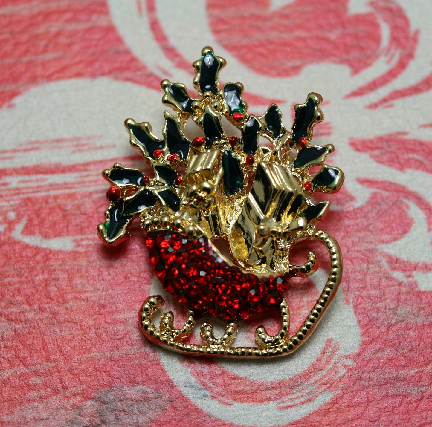 Christmas Xmas Rhinestone Enamel Santa Sleigh Ride Sled Gifts Brooch Pin, Holiday Jewelry Gift