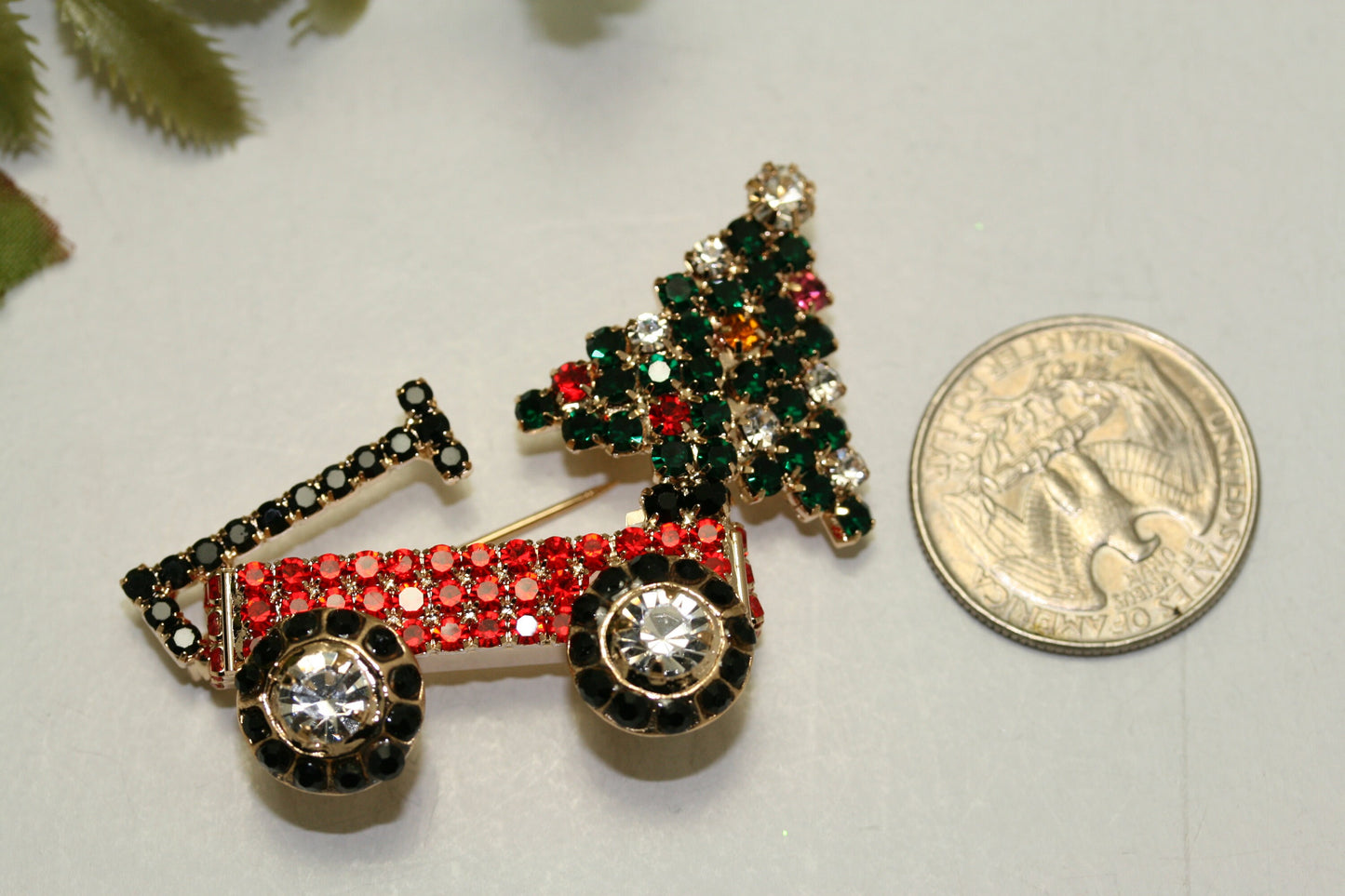 Christmas Tree Wagon Vintage Brooch, Xmas Holiday Crystal and Rhinestone Brooch Gift, Wagon Pin