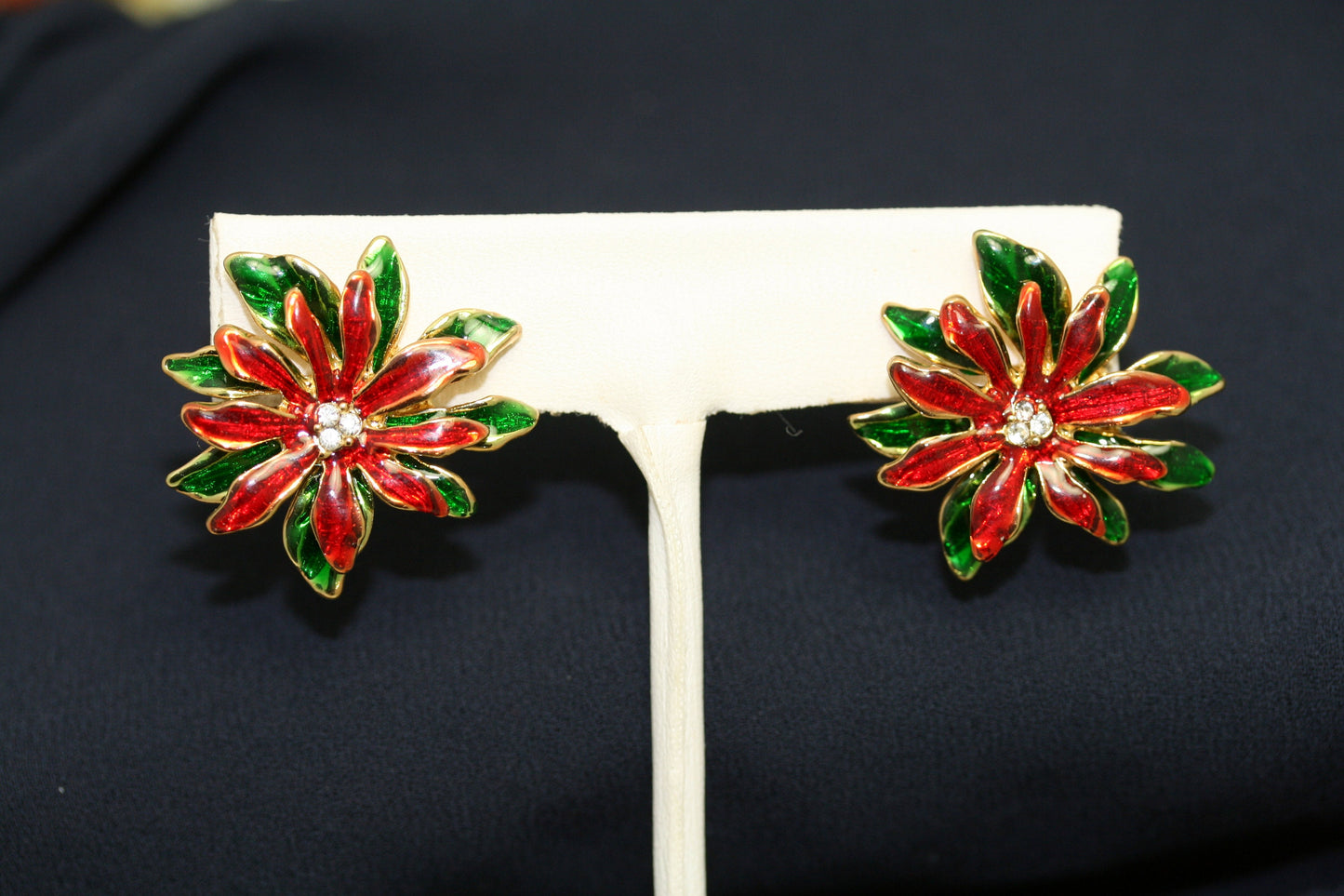 Christmas Enamel Poinsettia Brooch / Pin and Stud Post Earrings Set, Costume Jewelry, Christmas Holiday Jewelry Gift