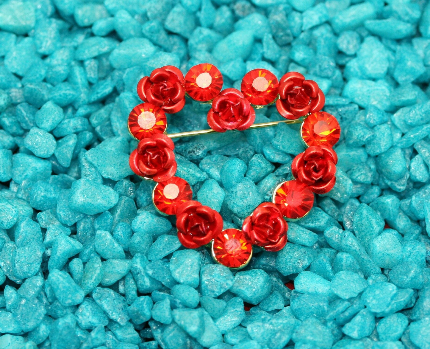 Red Ruby Rhinestone Heart with Roses Brooch Pin, Valentine's Day Heart, Valentine's Day Jewelry Gift