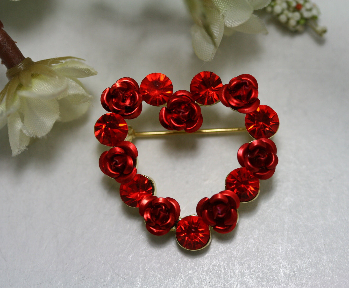 Red Ruby Rhinestone Heart with Roses Brooch Pin, Valentine's Day Heart, Valentine's Day Jewelry Gift