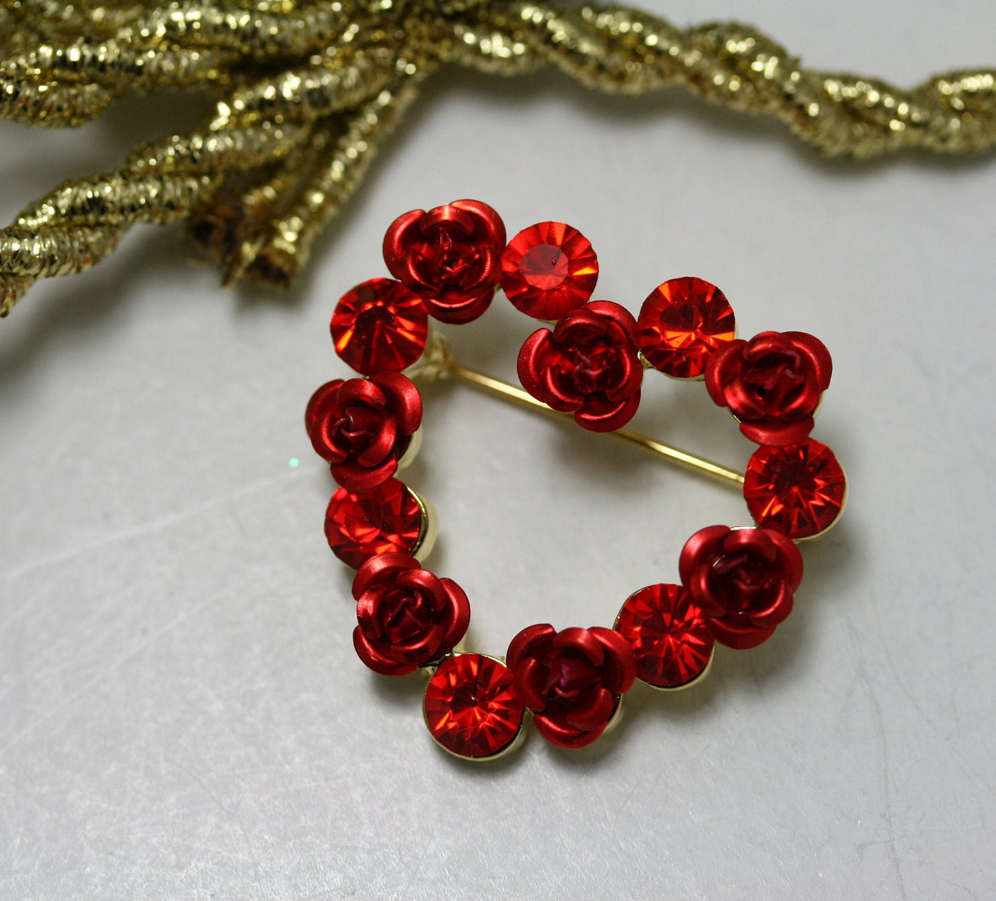 Red Ruby Rhinestone Heart with Roses Brooch Pin, Valentine's Day Heart, Valentine's Day Jewelry Gift