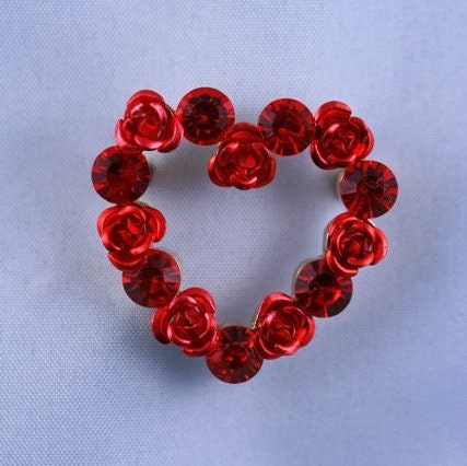 Red Ruby Rhinestone Heart with Roses Brooch Pin, Valentine's Day Heart, Valentine's Day Jewelry Gift