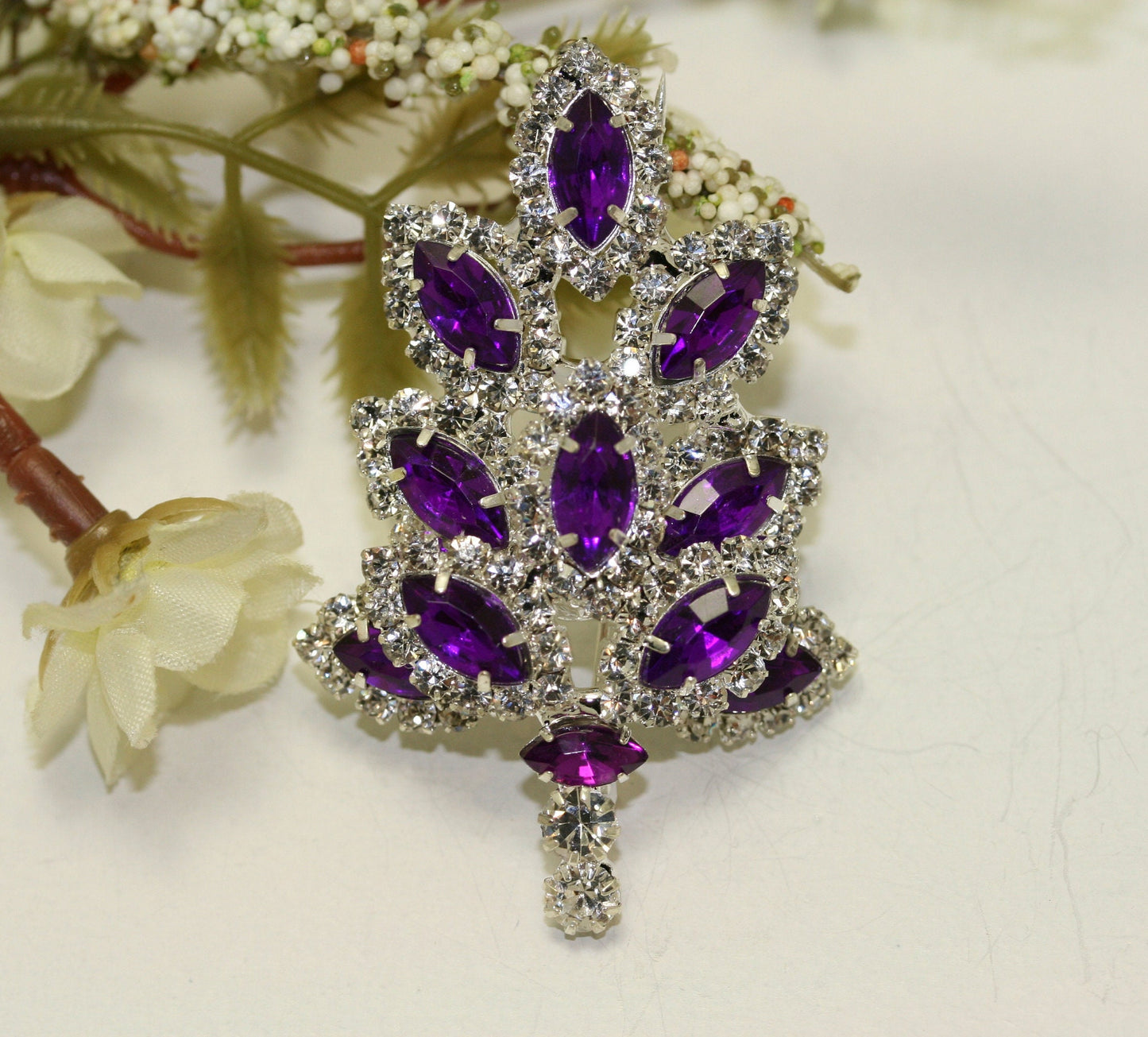 Dazzling Rhinestone Christmas Tree Brooch, Pin, Crystal Purple Xmas Tree, Costume Holiday Jewelry Gift