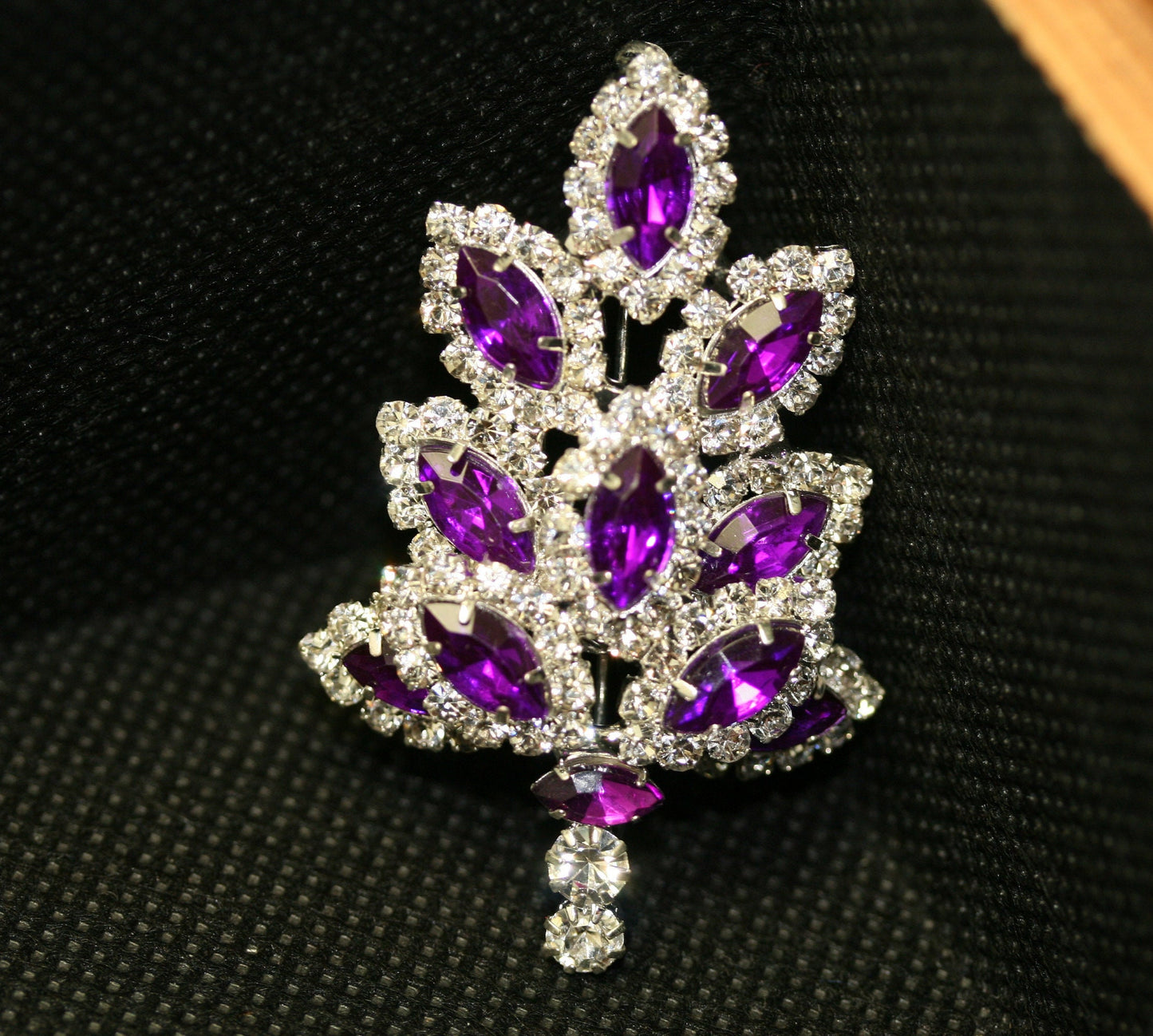 Dazzling Rhinestone Christmas Tree Brooch, Pin, Crystal Purple Xmas Tree, Costume Holiday Jewelry Gift