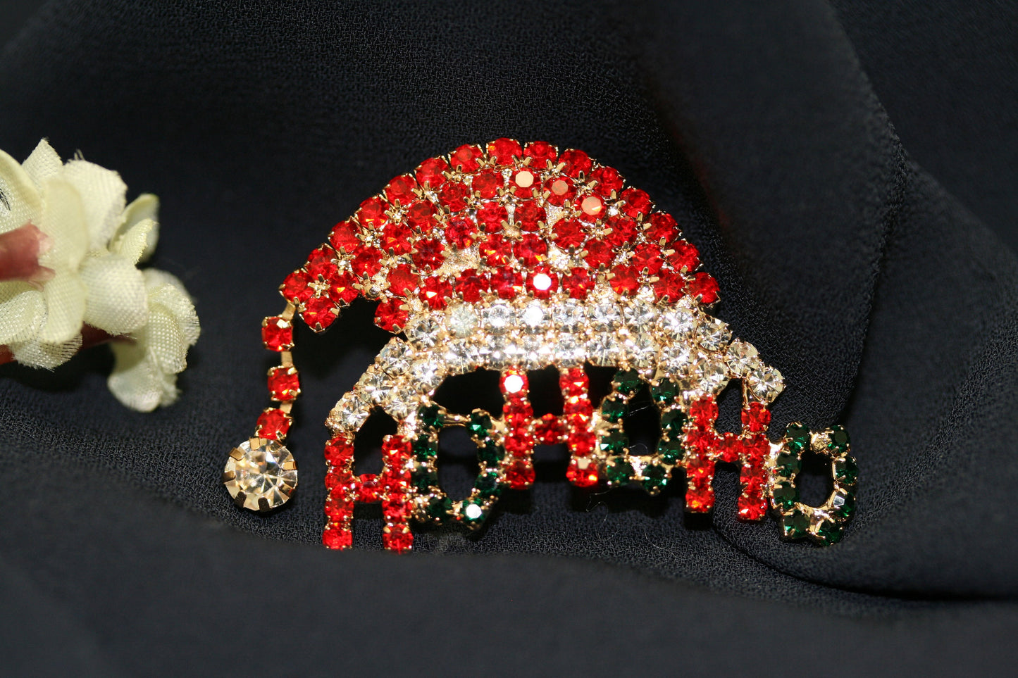 Christmas Red green rhinestone Ho Ho Ho Santa Hat brooch Pin, Xmas Costume Holiday Jewelry Gift