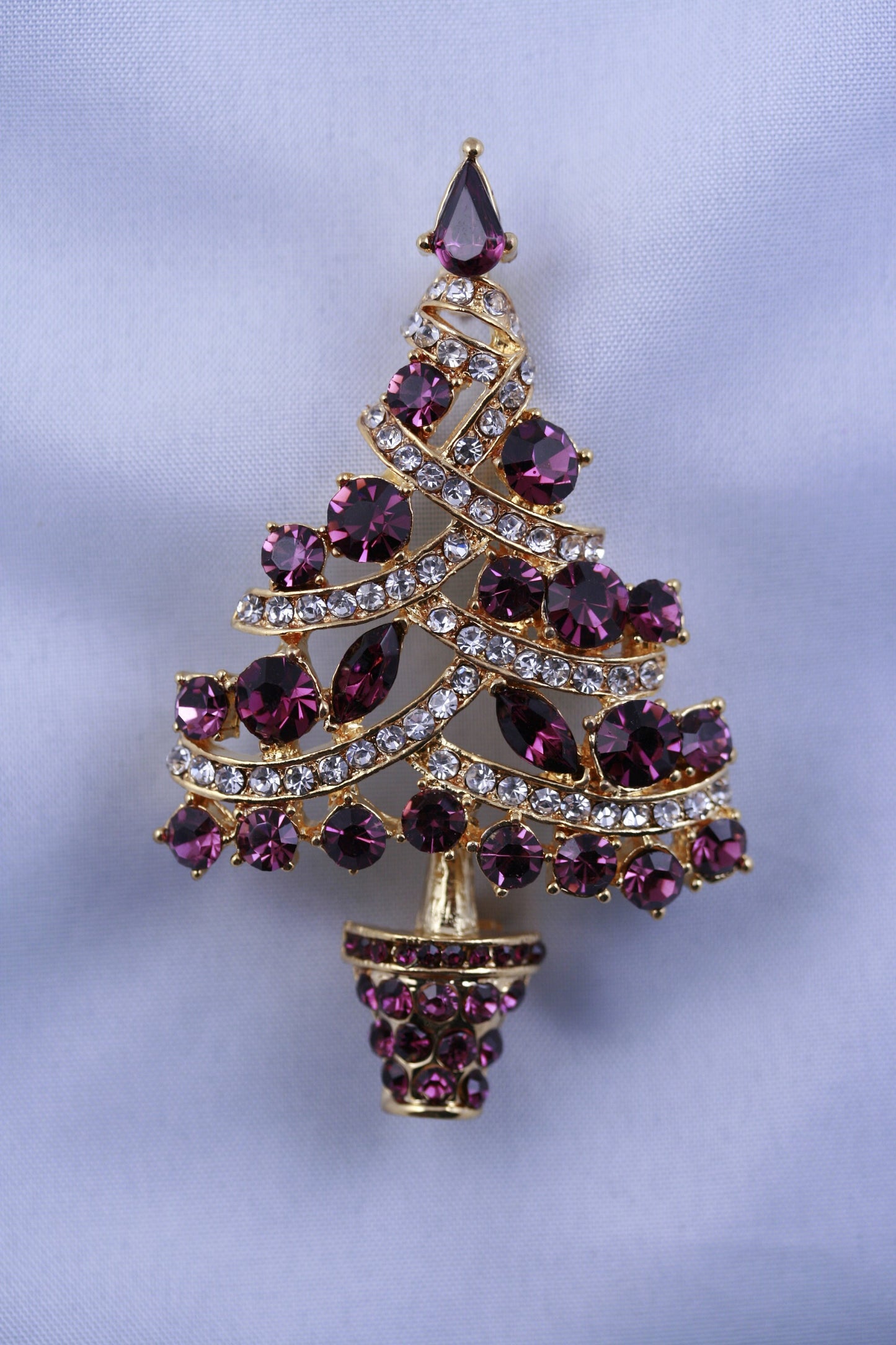 GORGEOUS PURPLE Rhinestone Christmas Tree Pin Brooch, Rich Holiday Xmas Tree Jewelry Gift