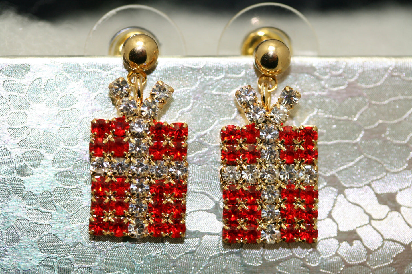 Xmas Christmas Gift Box Package Crystal Rhinestone Stud Earrings, Holiday Earrings Jewelry Gift