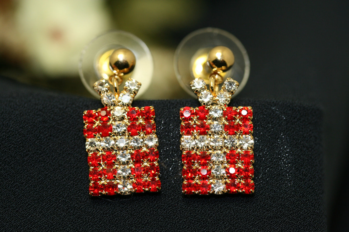 Xmas Christmas Gift Box Package Crystal Rhinestone Stud Earrings, Holiday Earrings Jewelry Gift