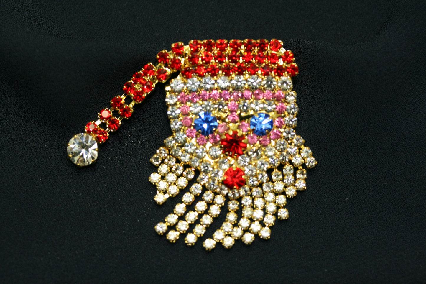 Christmas Santa Claus Pin Brooch, Large Santa Claus Rhinestone Prong Set Moving Beard, Holiday Jewelry Gift