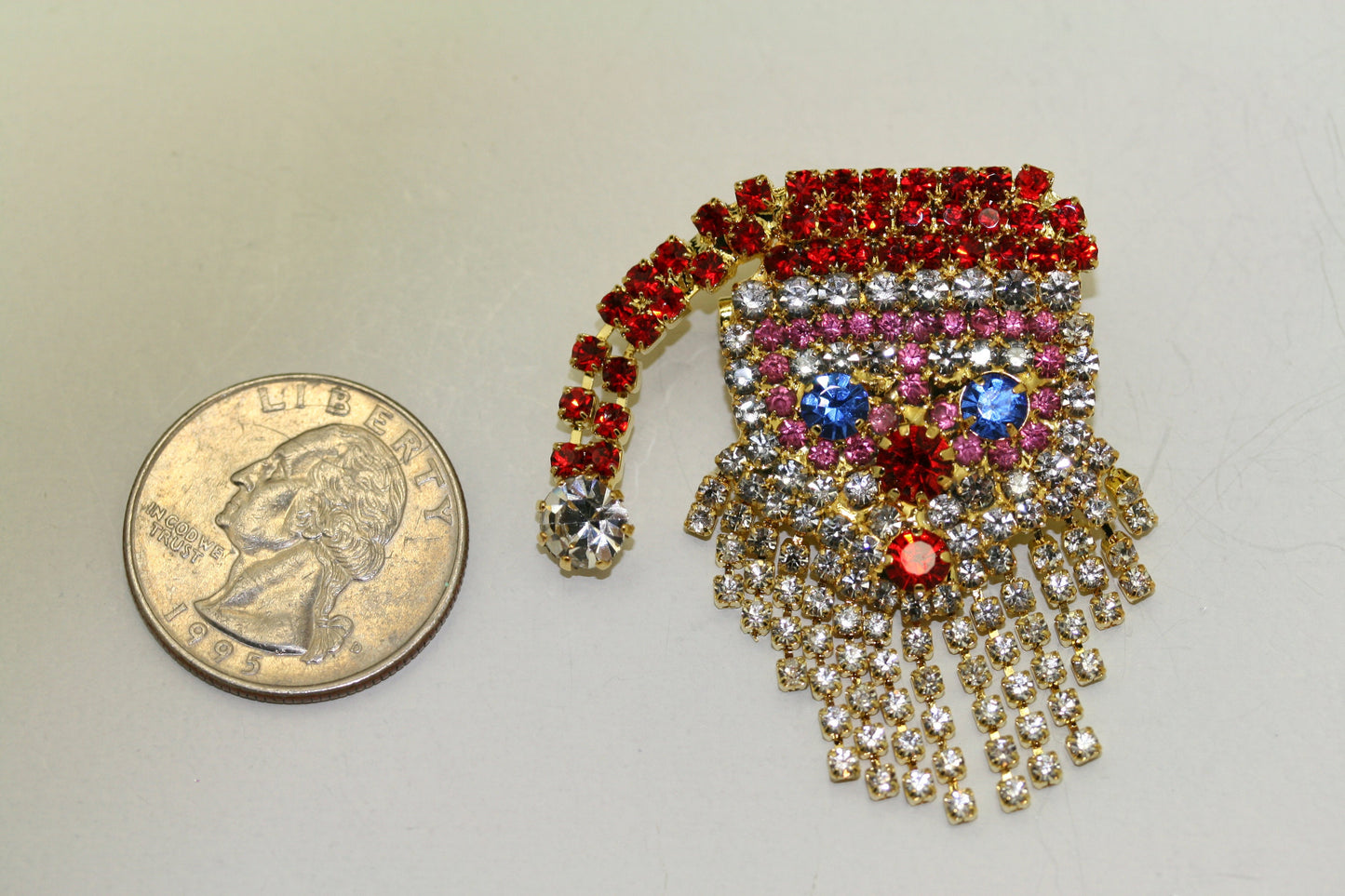 Christmas Santa Claus Pin Brooch, Large Santa Claus Rhinestone Prong Set Moving Beard, Holiday Jewelry Gift