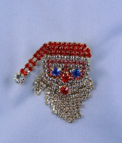 Christmas Santa Claus Pin Brooch, Large Santa Claus Rhinestone Prong Set Moving Beard, Holiday Jewelry Gift