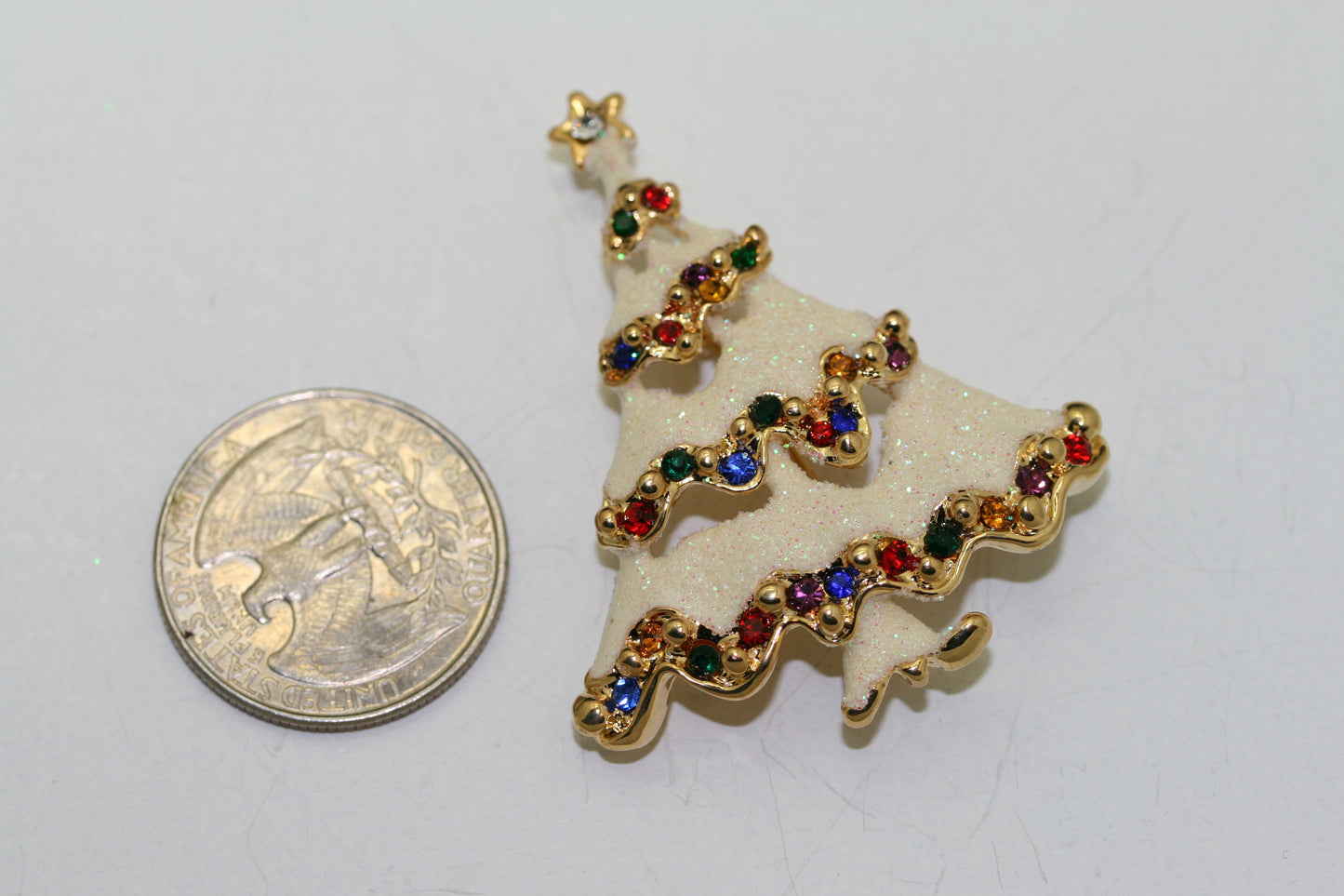 Christmas snow white glitter tree pin brooch with Rhinestone, Crystal Holiday Jewelry Gift