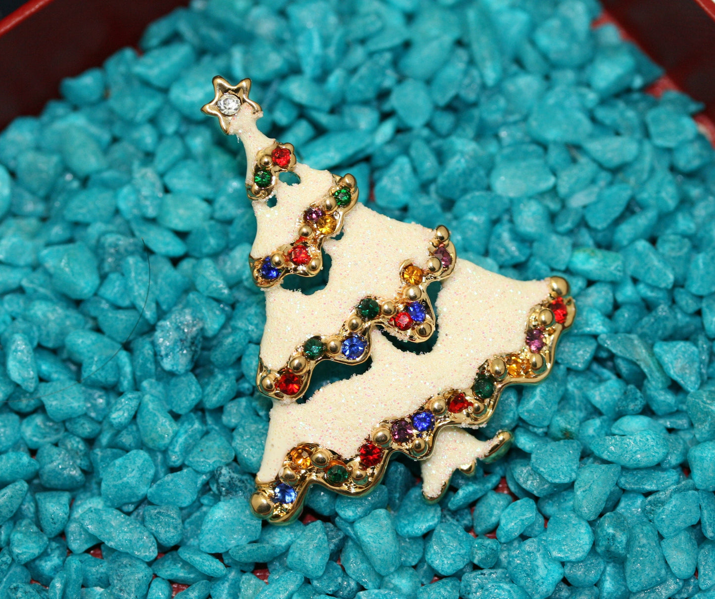 Christmas snow white glitter tree pin brooch with Rhinestone, Crystal Holiday Jewelry Gift