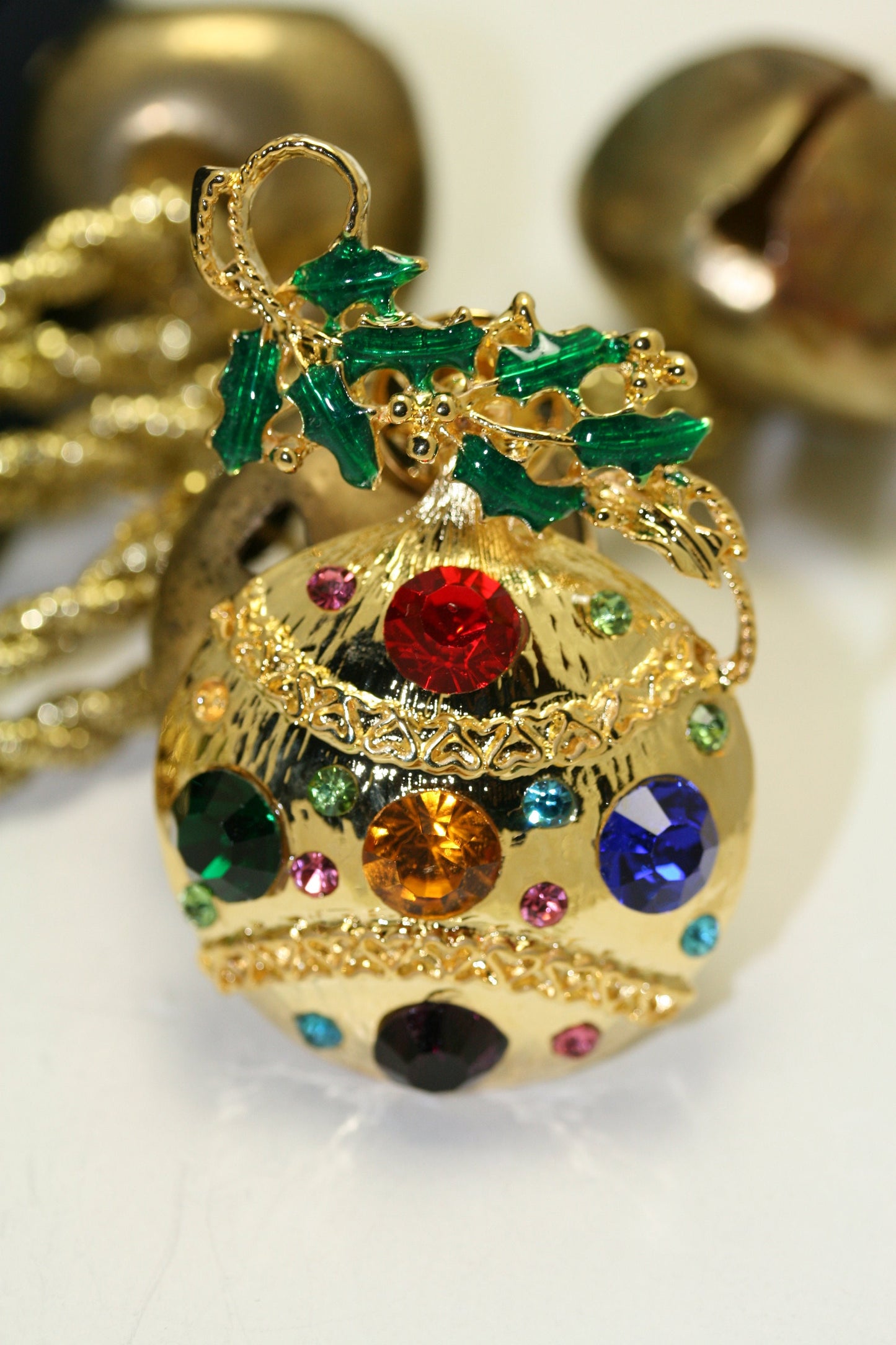 Christmas Ornament Tie TacK Pin Brooch Rhinestone Enamel Gold-Tone, Christmas Holiday Jewelry Gift