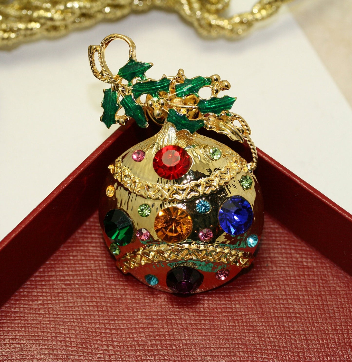 Christmas Ornament Tie TacK Pin Brooch Rhinestone Enamel Gold-Tone, Christmas Holiday Jewelry Gift