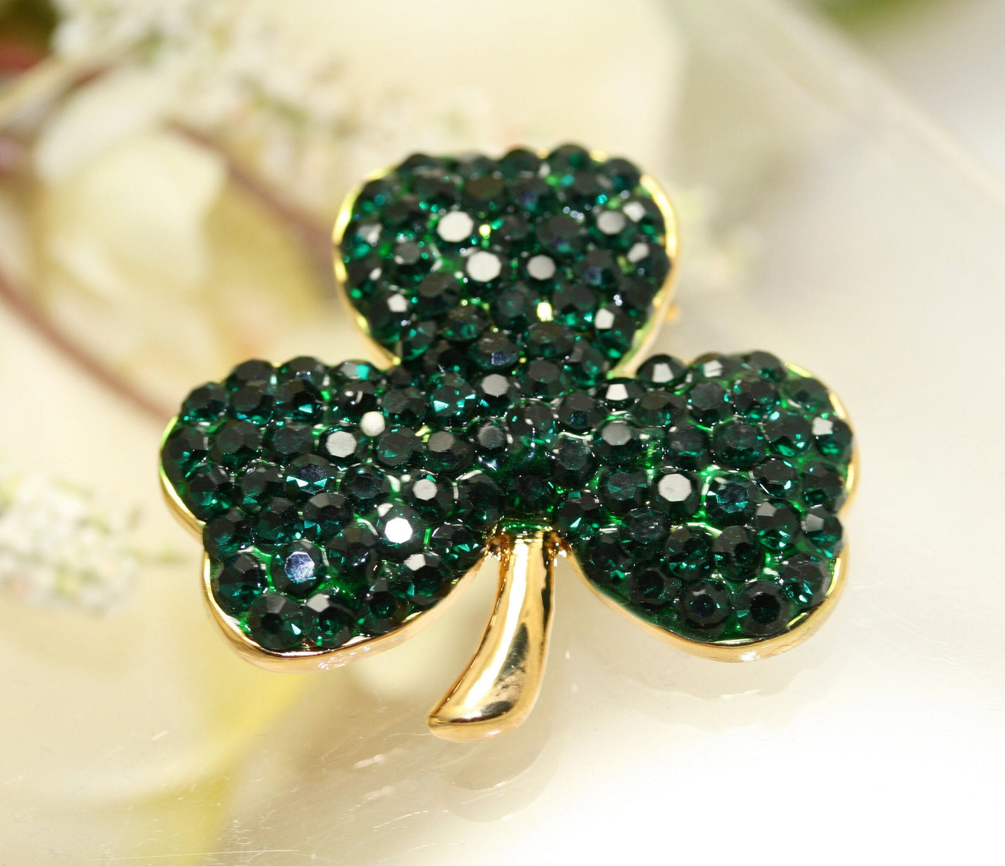 Gold Tone Saint Patrick Day Rhinestones Three Leaf Clover Pin Brooch Saint Patrick's Day Shamrock Jewelry Gift