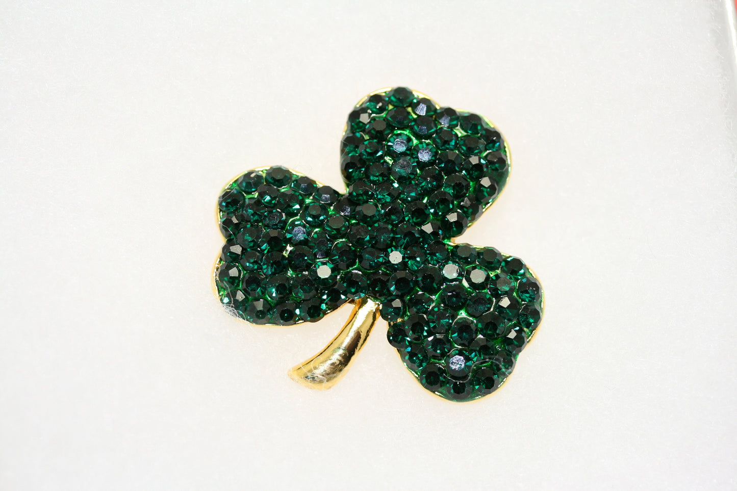 Gold Tone Saint Patrick Day Rhinestones Three Leaf Clover Pin Brooch Saint Patrick's Day Shamrock Jewelry Gift