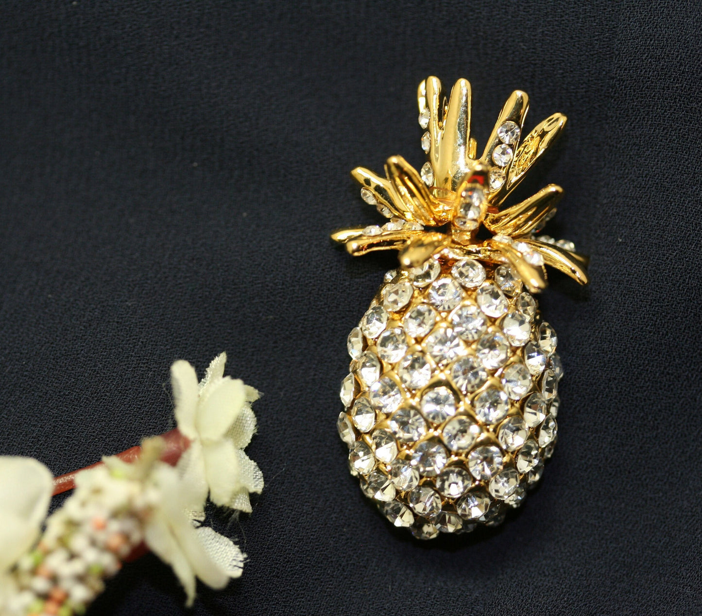 Rhinestone Pineapple Brooch Gold Tone Metal and Clear Rhinestones Pin