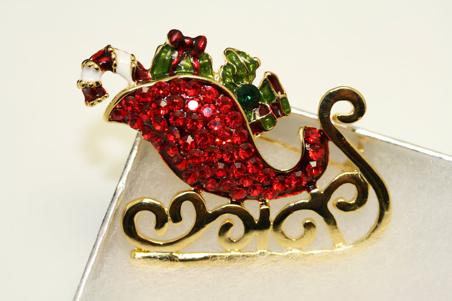 Christmas Xmas Rhinestone Enamel Santa Sleigh Ride Sled Gifts Brooch Pin, Holiday Jewelry Gift