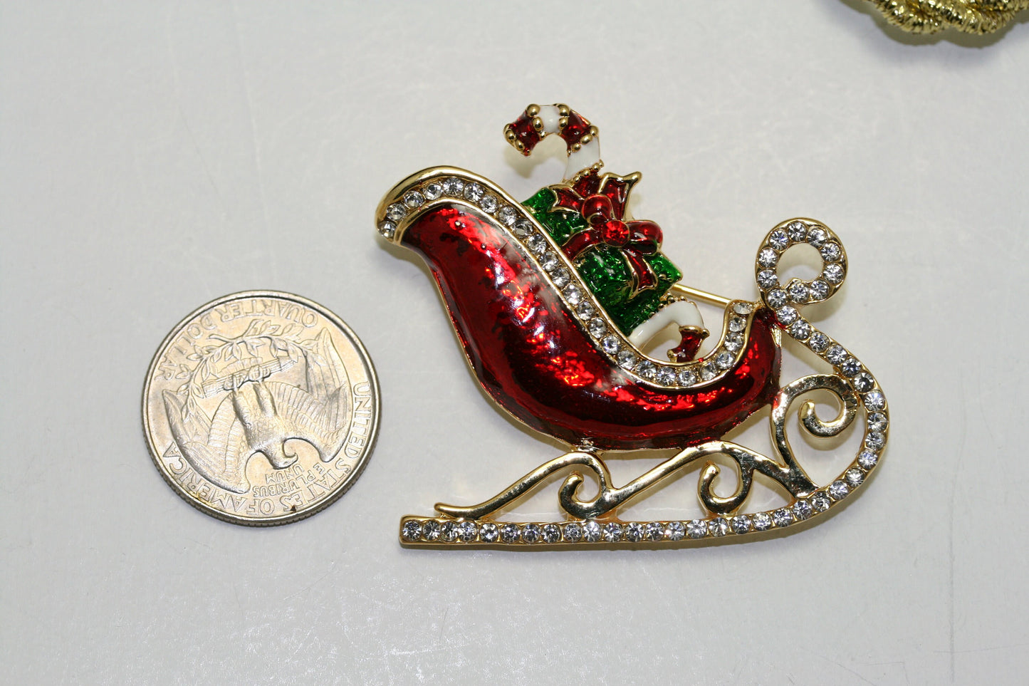 Christmas Xmas Rhinestone Enamel Santa Sleigh Ride Sled Gifts Brooch Pin, Holiday Jewelry Gift