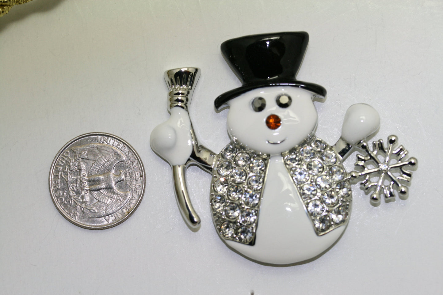 Christmas Snowman Brooch, Glittery and Glitzy Snowman Pin with Clear Rhinestones and Enameling, Holiday Fashion Jewelry