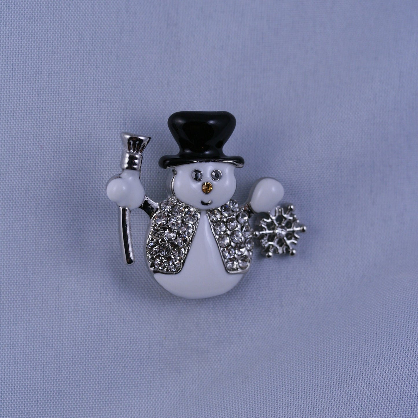 Christmas Snowman Brooch, Glittery and Glitzy Snowman Pin with Clear Rhinestones and Enameling, Holiday Fashion Jewelry