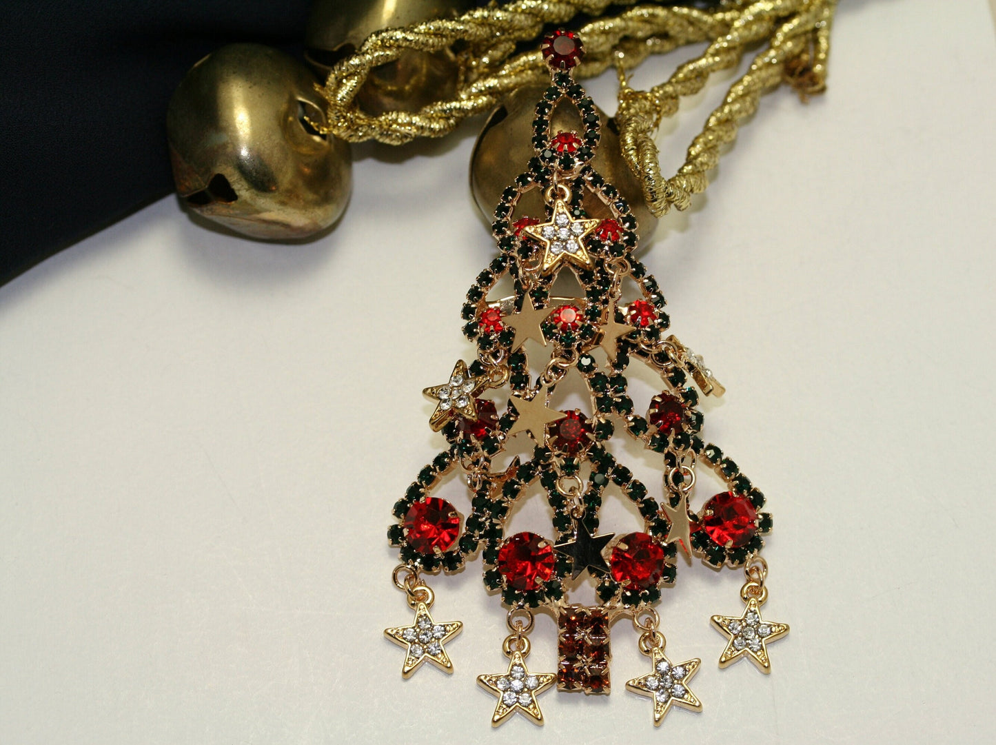 Large Rhinestone Christmas Tree Brooch Dangle Star Ornaments Crystal Red Green, Crystal Xmas tree Holiday Jewelry Gift