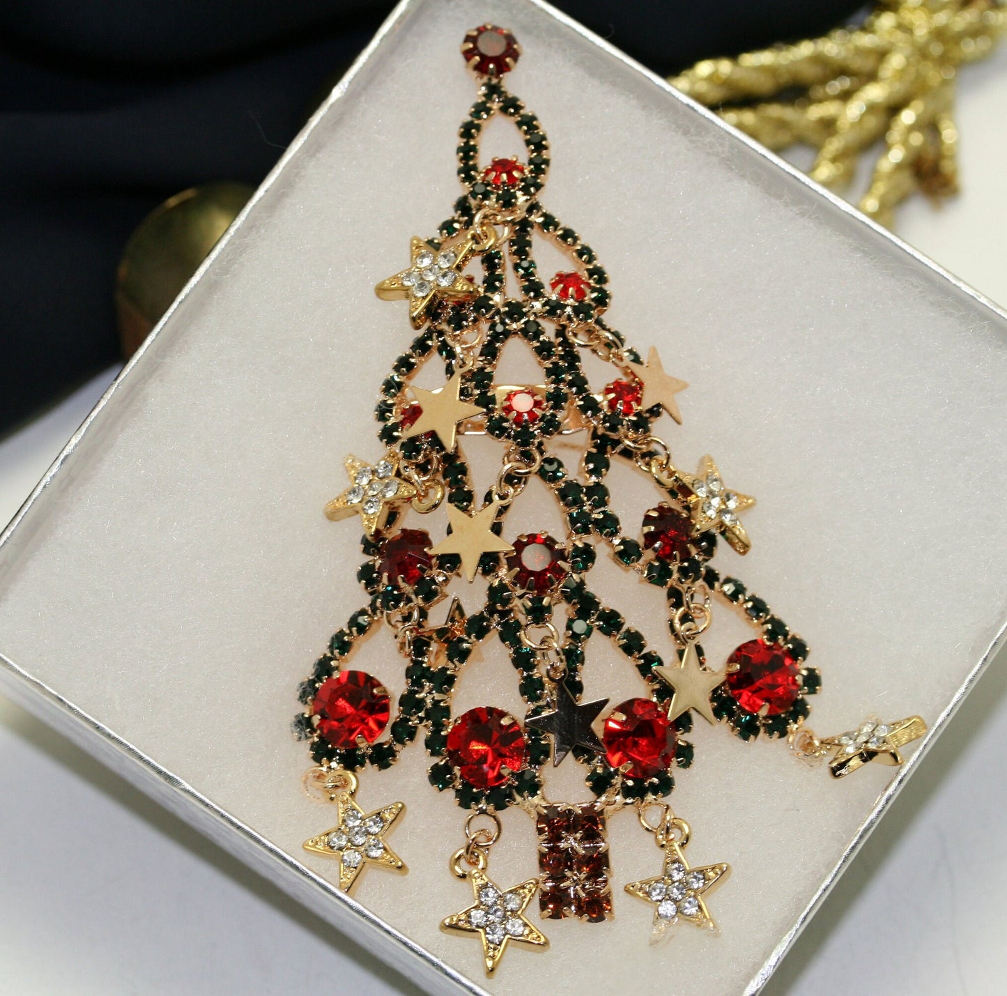 Large Rhinestone Christmas Tree Brooch Dangle Star Ornaments Crystal Red Green, Crystal Xmas tree Holiday Jewelry Gift