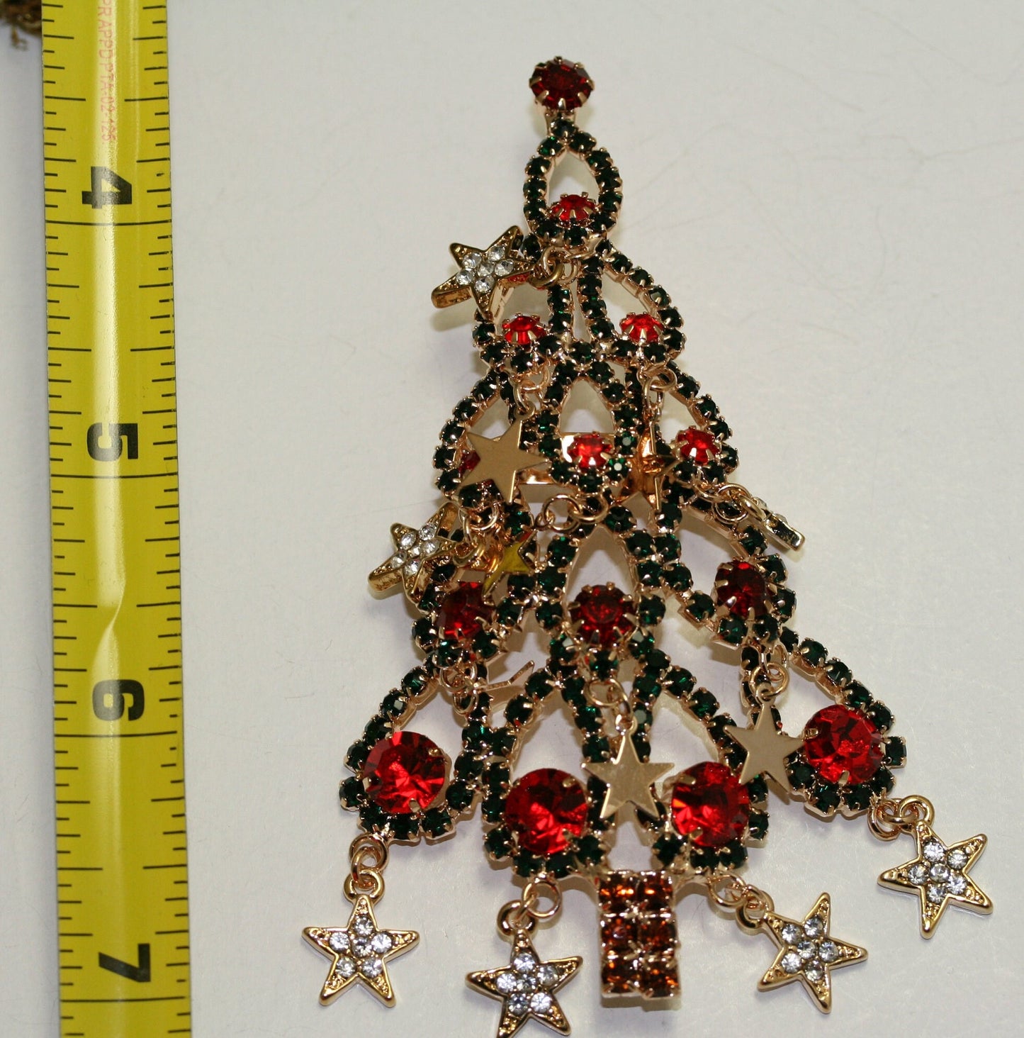 Large Rhinestone Christmas Tree Brooch Dangle Star Ornaments Crystal Red Green, Crystal Xmas tree Holiday Jewelry Gift
