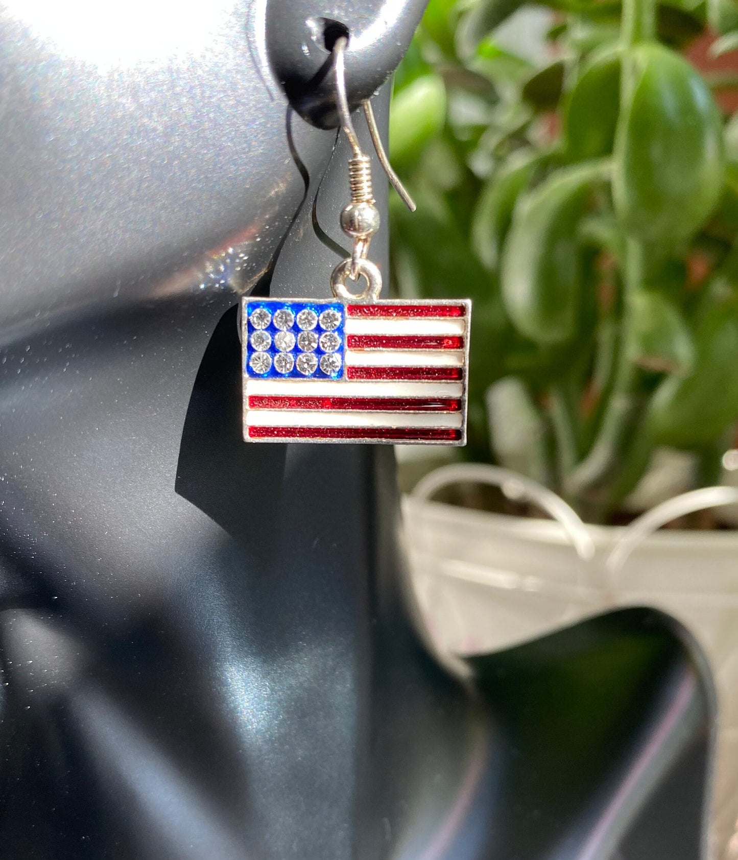 Gold-Plated Rhinestone USA Patriotic Flag Earrings, 4th of July Red White Blue Flag Dangle Earring